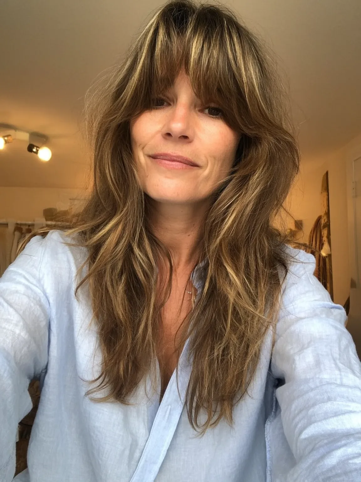Long Layered Shag in Golden Brown with Subtle Highlights
